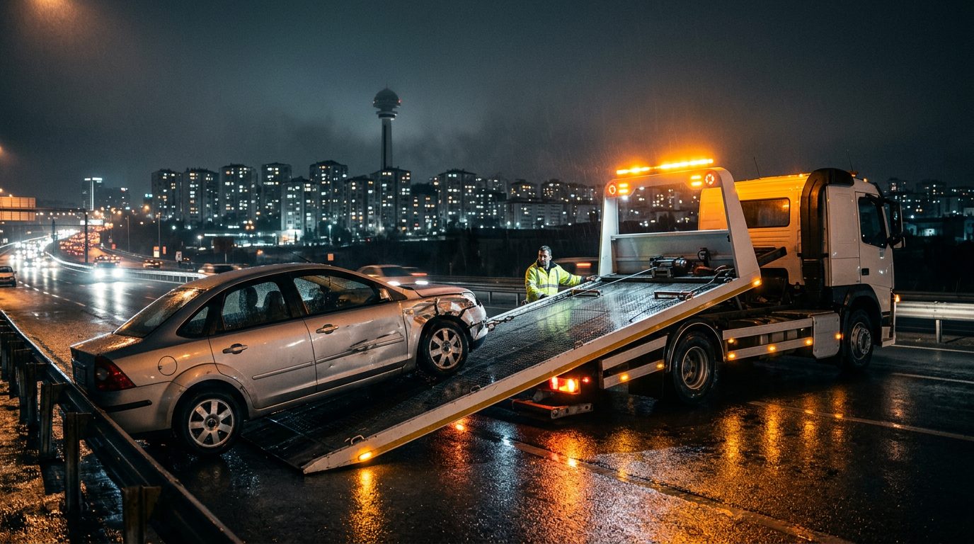 Ankara'da gece kayar kasa çekiciyle oto kurtarma çalışması